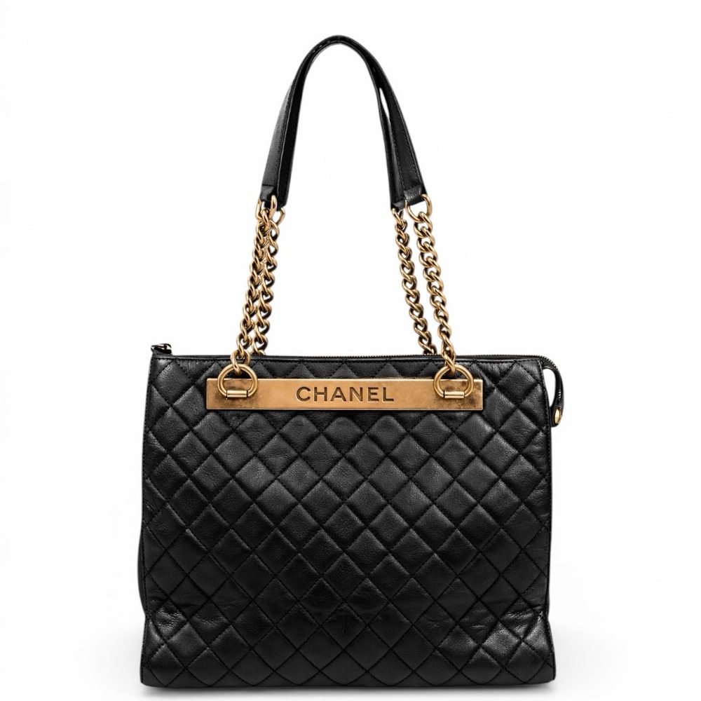 CHANEL Black Quilted Leather Rita Dome Tote with Gold Chain Accents